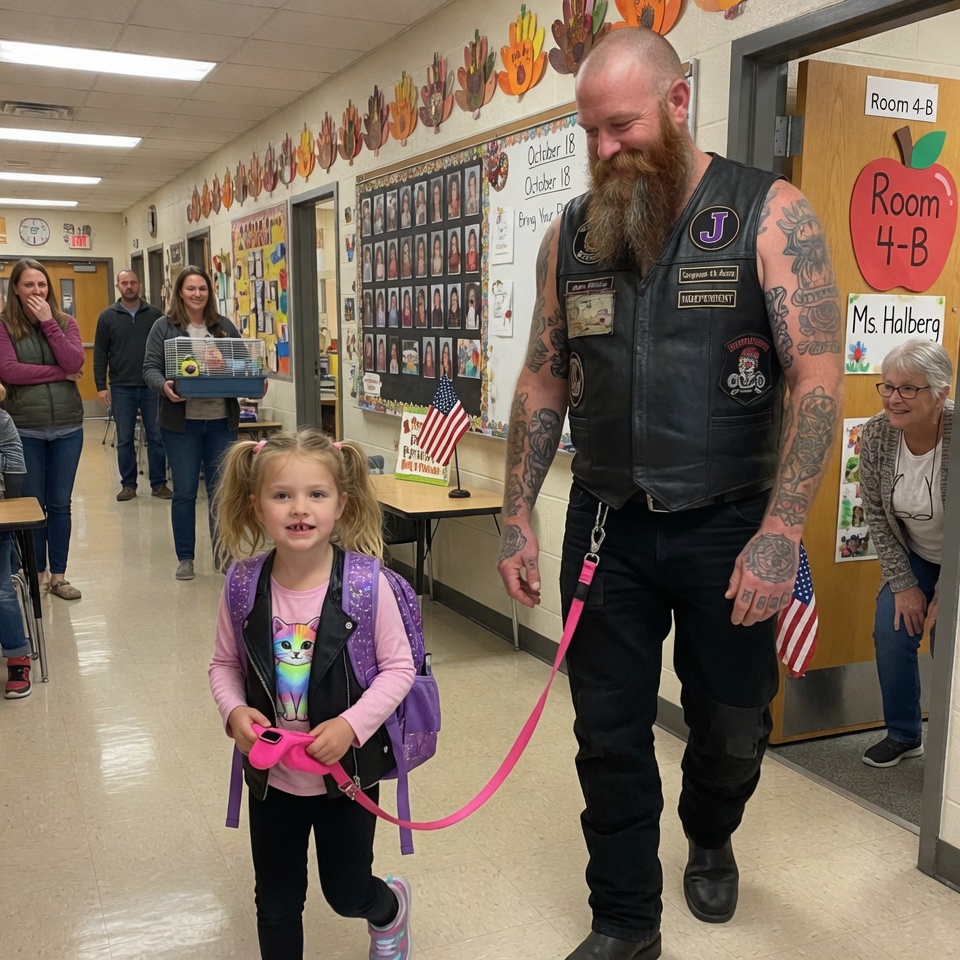 I BEGGED my biker husband to SKIP Pet Day. I KNEW he’d scare the kids. My 5-year-old CLIPPED a leash to his cut and DRAGGED him in. HER SPEECH BROKE THE INTERNET. BUT THE PRESIDENT’S QUESTION? THE TRUTH NO ONE TELLS YOU!