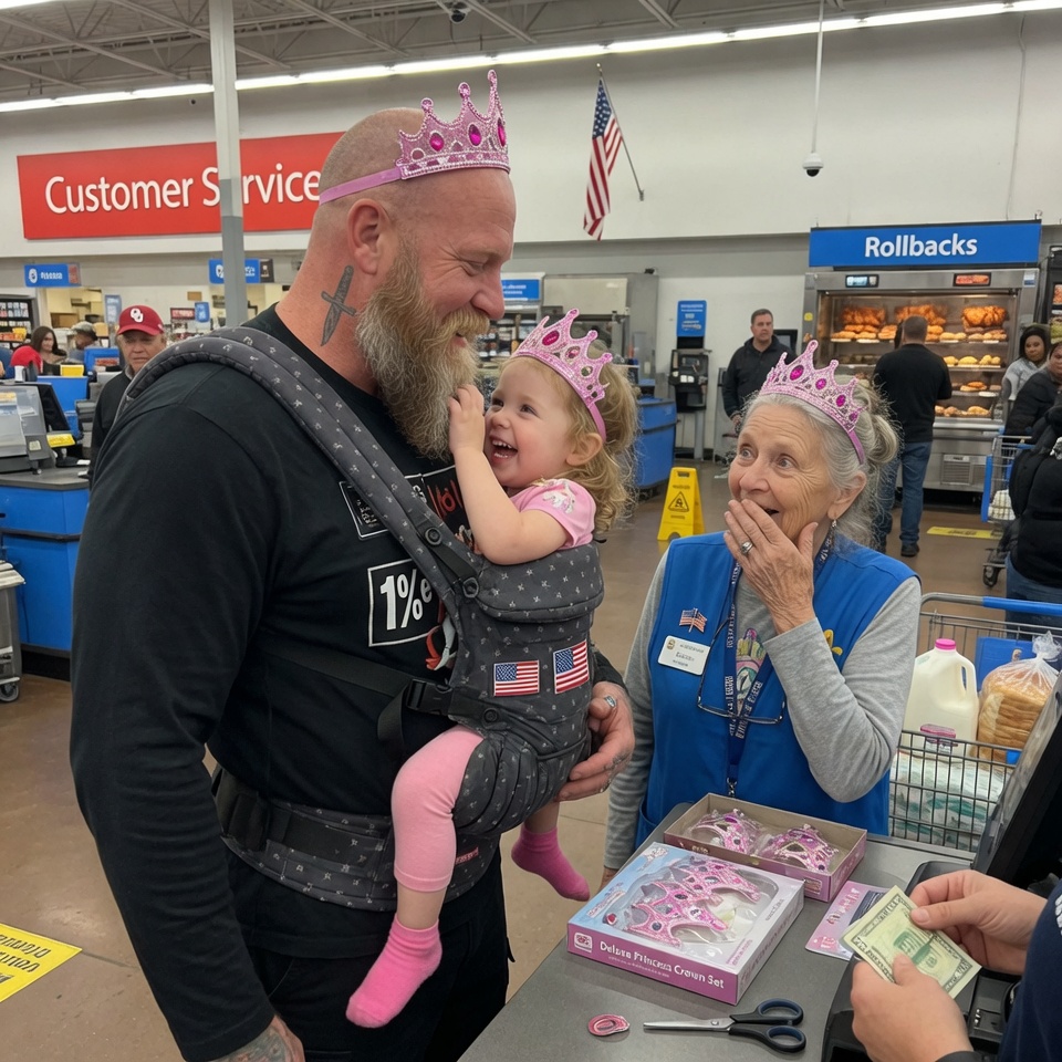 A TATTOOED 1%er biker asked a GRANDMOTHER at Walmart if he could wear a PINK princess crown. She said YES. 7 MILLION people SHARED the photo. But the caption he typed that night HIDES a truth he NEVER told anyone… WHAT WAS THE MESSAGE?
