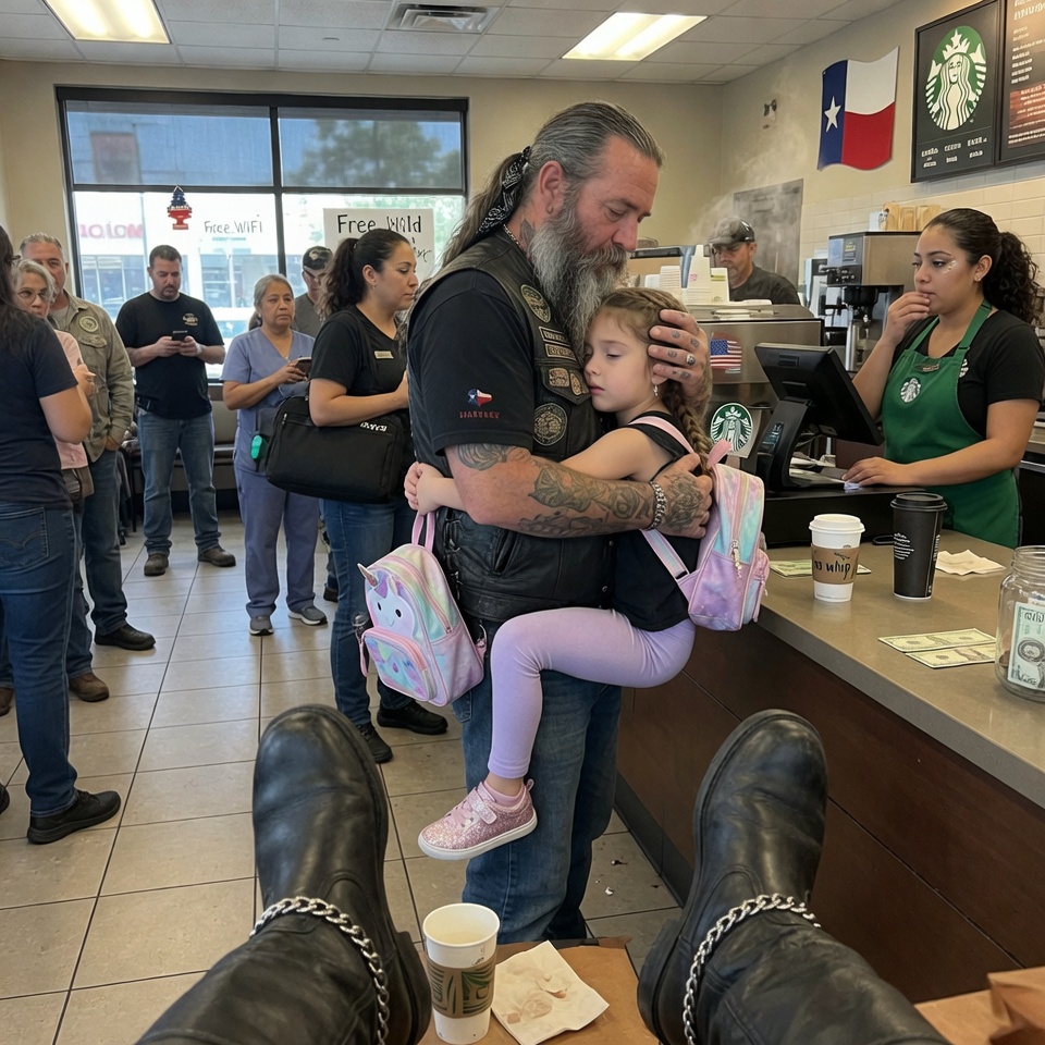 A MASSIVE biker REFUSED to put his daughter down for 30 minutes. A barista asked why. His answer DESTROYED her. BUT THE REAL REASON HE HELD ON REMAINS A MYSTERY… WHAT SECRET IS HE HIDING?