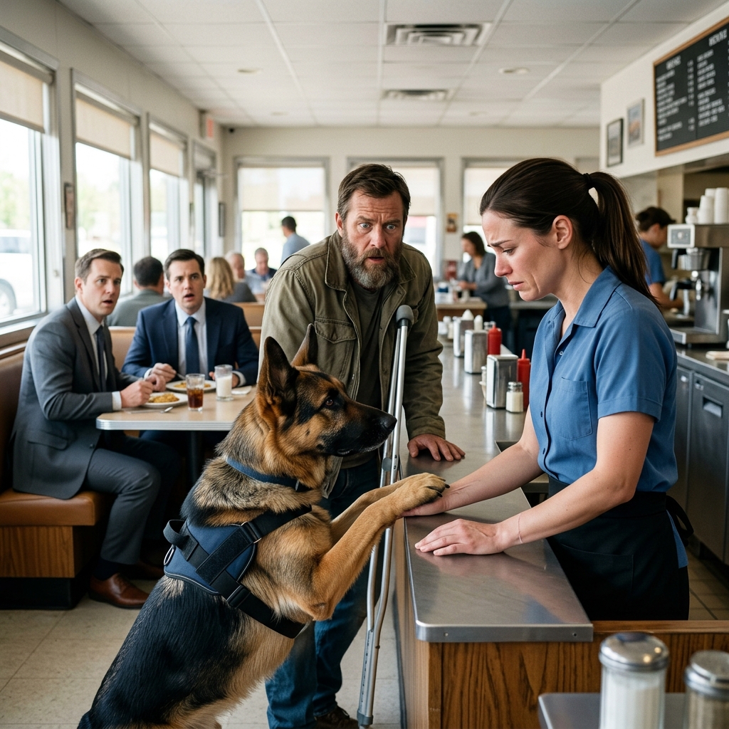 ARROGANT CUSTOMERS LAUGHED AS THEY BLOCKED A WOUNDED VETERAN FROM SITTING AT THEIR BOOTHS, BUT THEY MADE A MASSIVE MISTAKE IGNORING THE HUMBLE WAITRESS WIPING THE COUNTER