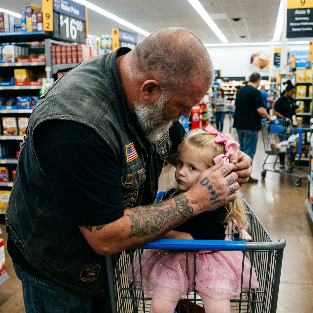 A 1%er BIKER WITH “D***H” ON HIS KNUCKLES FIXED A PINK BOW. A STRANGER’S PHOTO WENT WORLDWIDE. BUT THE BROKEN REASON HE WENT TO WALMART EVERY SATURDAY… WHAT THE WORLD NEVER KNEW?