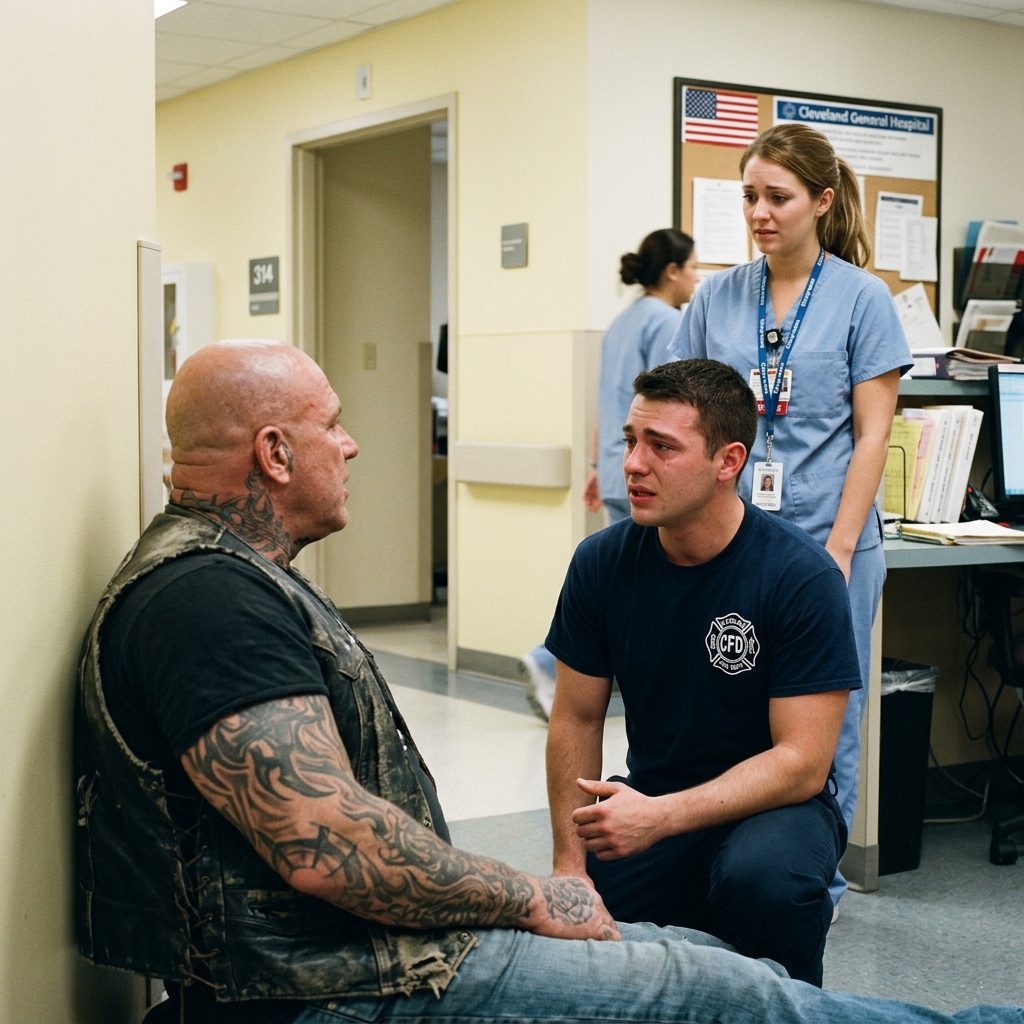 NURSES CALLED HIM HOMELESS. STAFF WANTED HIM GONE. THE 280-POUND BIKER SLEPT ON THE COLD FLOOR FOR FIVE NIGHTS. THEN THE FIREFIGHTER WHO SAVED HIS SON FROZE. THE TRUTH NO ONE HAS TOLD YET!
