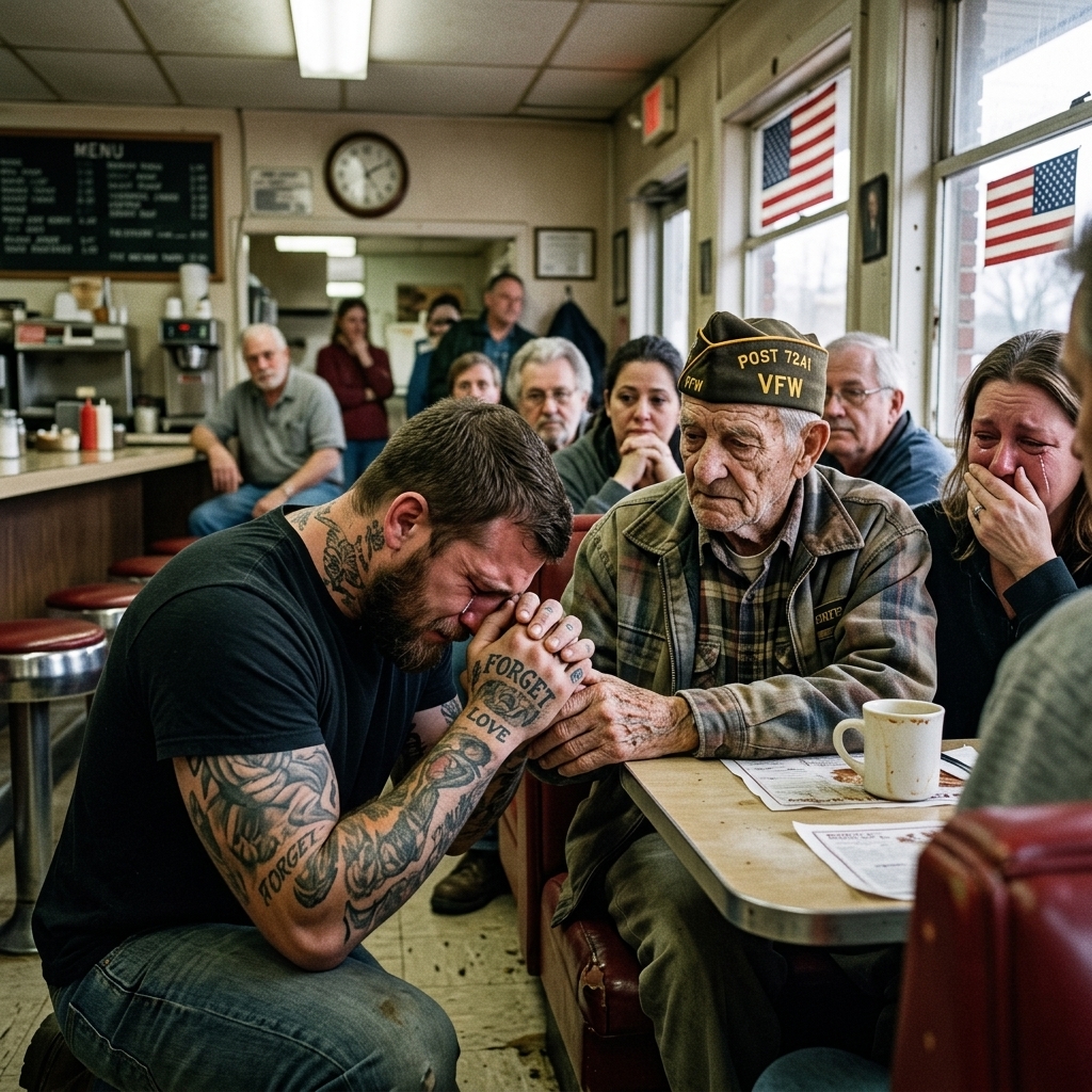 A TATTOOED biker RODE 1,200 miles to KNEEL before an aging VETERAN. The old man had ALZHEIMER’S. ‘DO I KNOW YOU?’ Then the biker opened a 55-year-old envelope. THE TRUTH NO ONE HAS TOLD YET?!