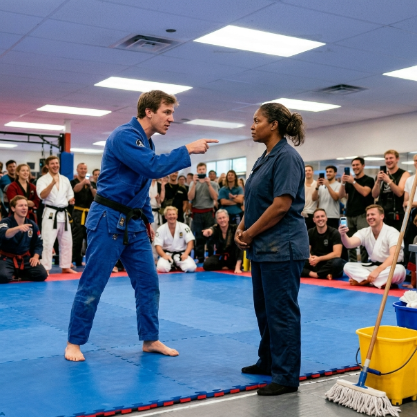 I am just the JANITOR, scrubbing floors while the gym owner and his golden boy, TYLER, mock me. They think I am nothing more than a stain on their pristine mats, completely blind to the ghost hiding in plain sight.
