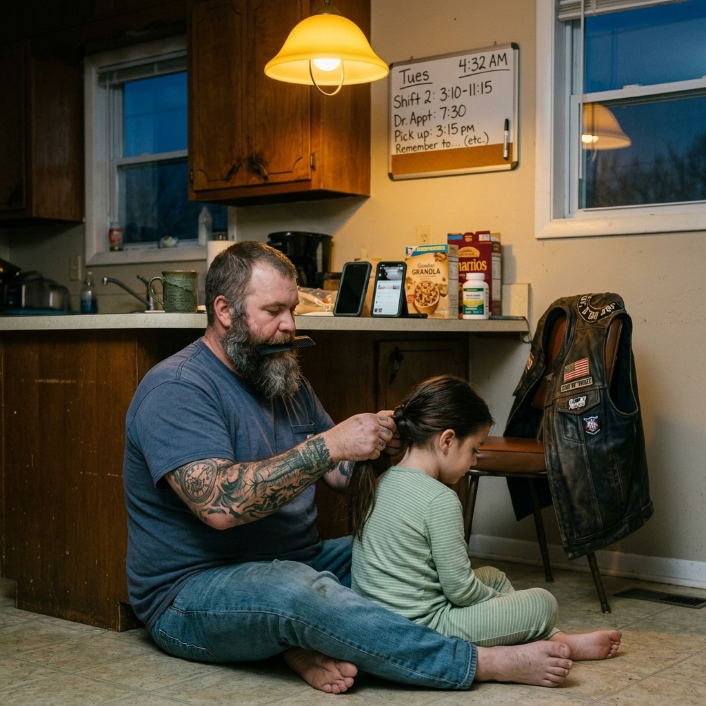 A TATTOOED BIKER braids THREE DAUGHTERS’ HAIR. SOCIETY JUDGES his LEATHER. His CHILD PUNCHES a boy. Punishment is GIVEN. The DEEPEST TRUTH hides in his CUT. THE PART OF THE STORY NO ONE KNEW…