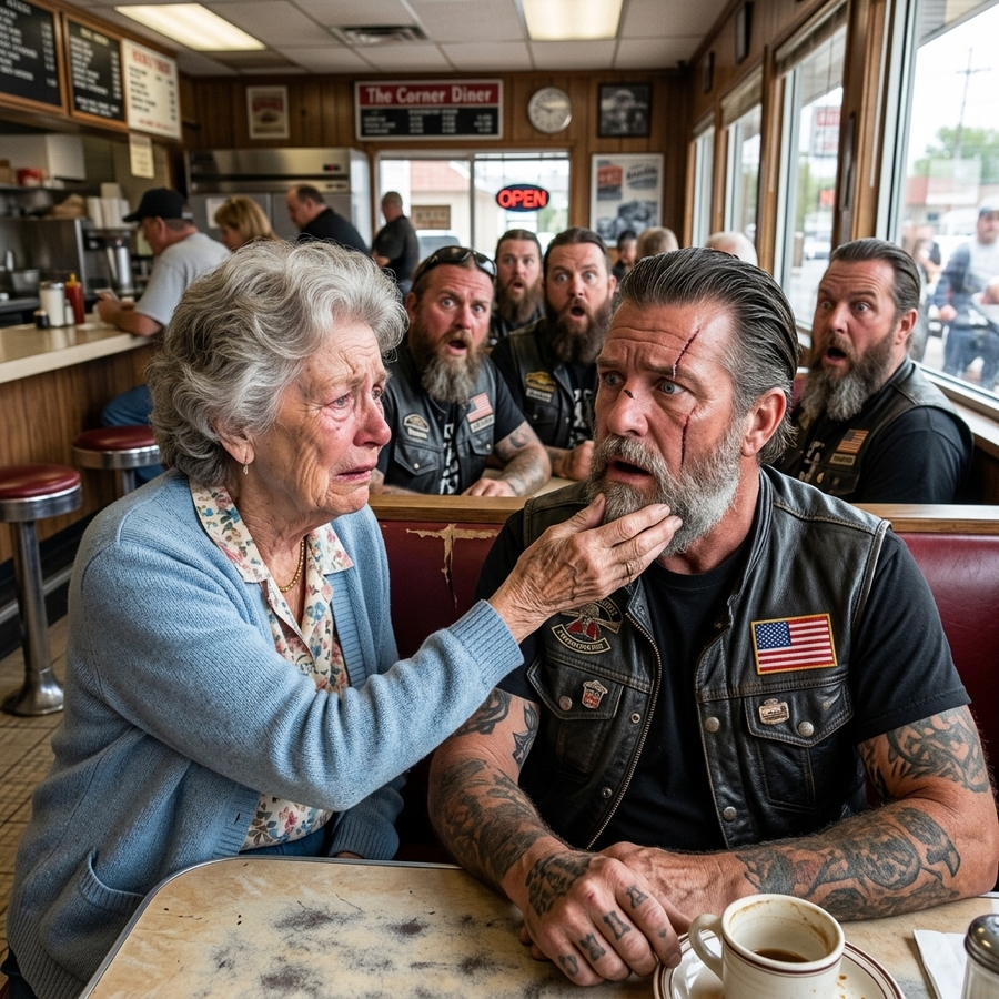 A Widow’s Purple Heart Stopped the Diner — Then the Biker with the Scar Whispered Her Son’s Secret Phrase
