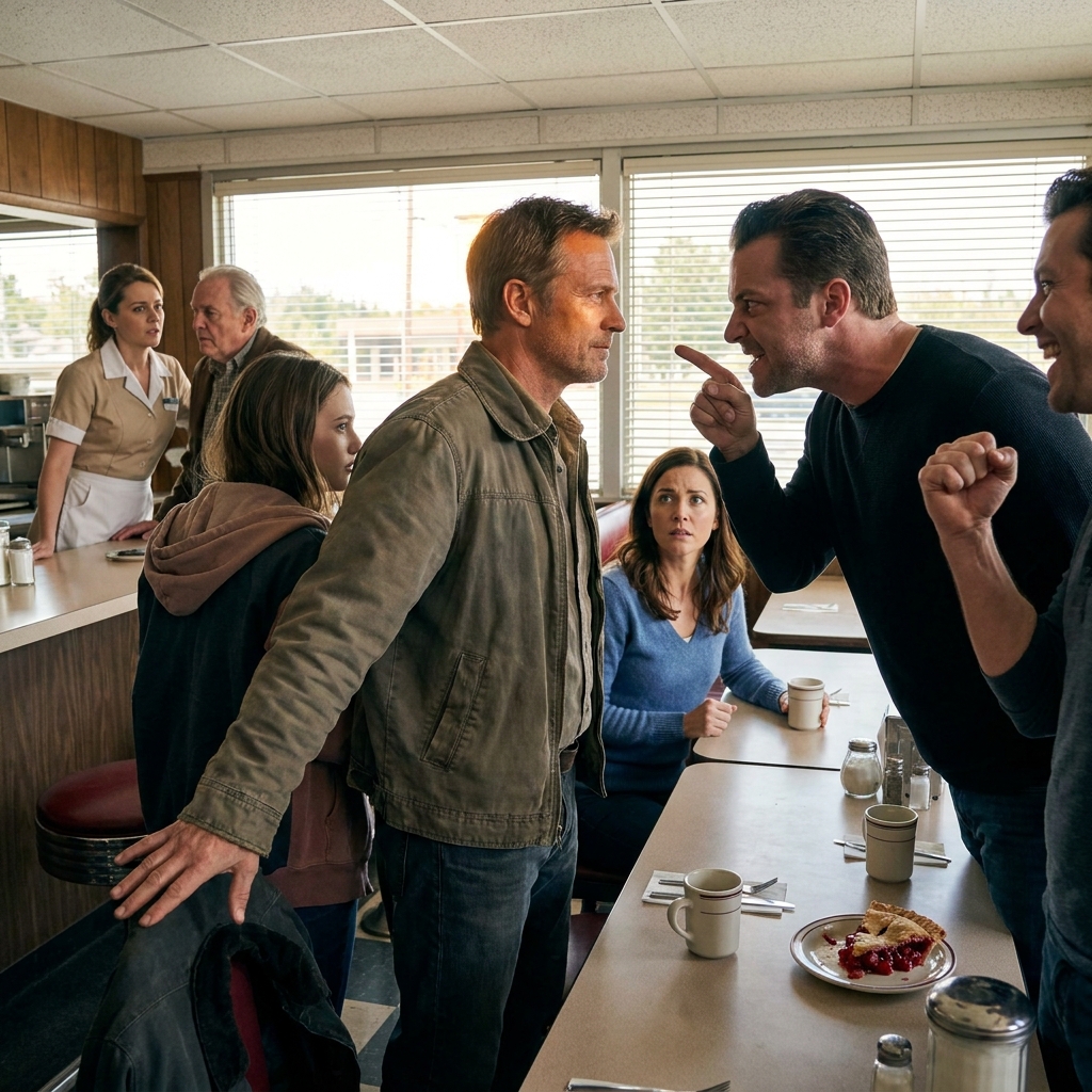 My daughter whispered “Daddy, please help her” while three men cornered a stranger in our small-town diner. I stood up and took them down in forty-seven seconds — and the next morning, a Navy admiral was at my door.