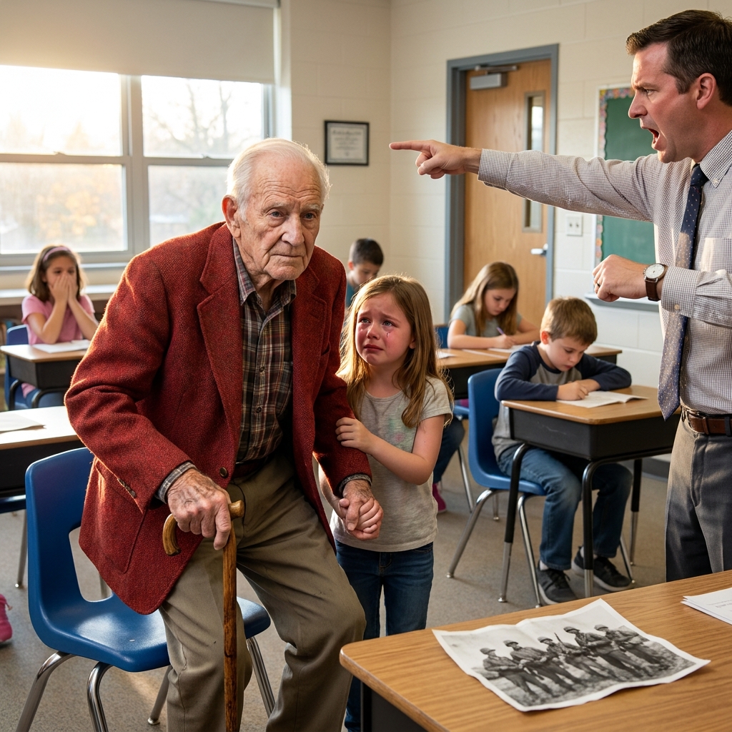 My teacher called my grandfather a liar in front of the whole class and told him to wait in the hallway. A Marine dad in the back row saw the pin on his jacket and sent a text.