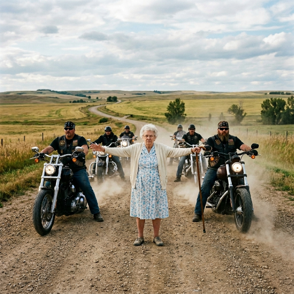 A brave elderly woman blocked the road to save a child, but the drivers were furious and demanded she move. Finally, a notorious BIKER GANG arrived and the situation took a SHOCKING turn. WOULD YOU HAVE STOPPED TO HELP HER?