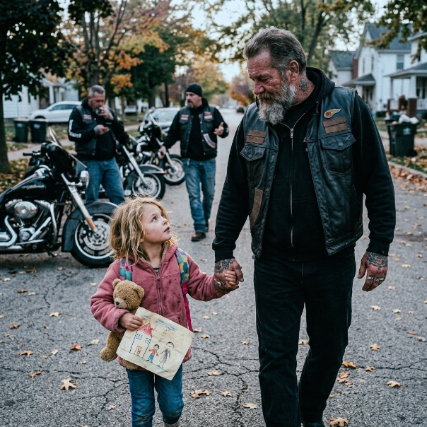 I SURVIVED decades of brutal gang life, but a trembling SIX-YEAR-OLD girl just STOPPED me completely cold.  The neon signs buzzed with a dying, erratic hum over the cracked asphalt of a Spokane convenience store. Cold October rain slicked the pavement, reflecting the harsh fluorescent glare of the deserted street.