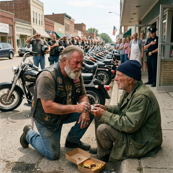 The TOWN mocked a homeless man as if he were GARBAGE. Then, thirty BIKERS arrived, the engines SHATTERED the silence, and the crowd’s arrogance turned into absolute TERROR. WILL THEY EVER FORGIVE THE DISRESPECT SHOWN TO A FORGOTTEN HERO?