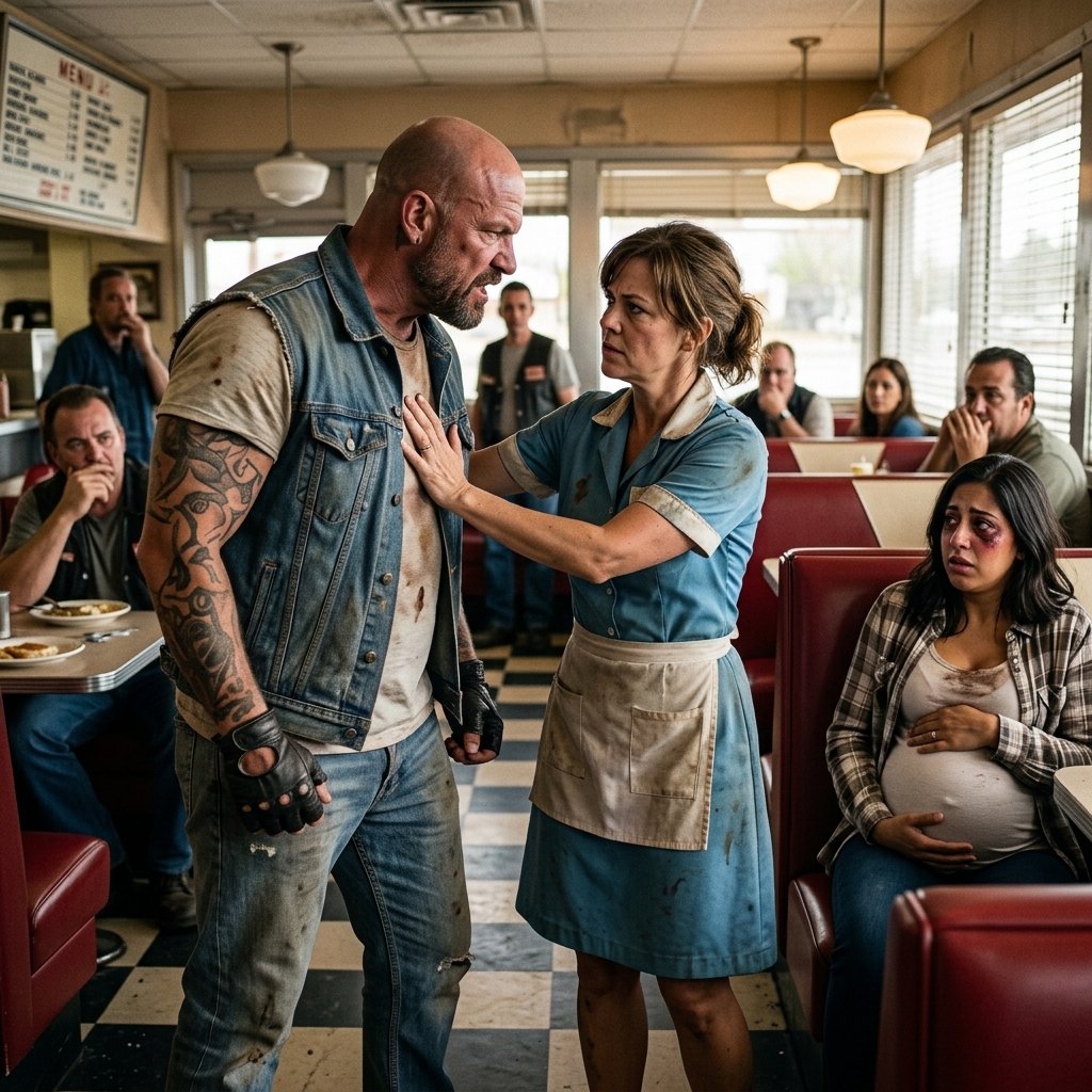 WHOLE STORY:   She was just a waitress wiping tables when a bruised pregnant woman sprinted through the diner door — and her husband kicked it open right behind her, demanding his wife back.