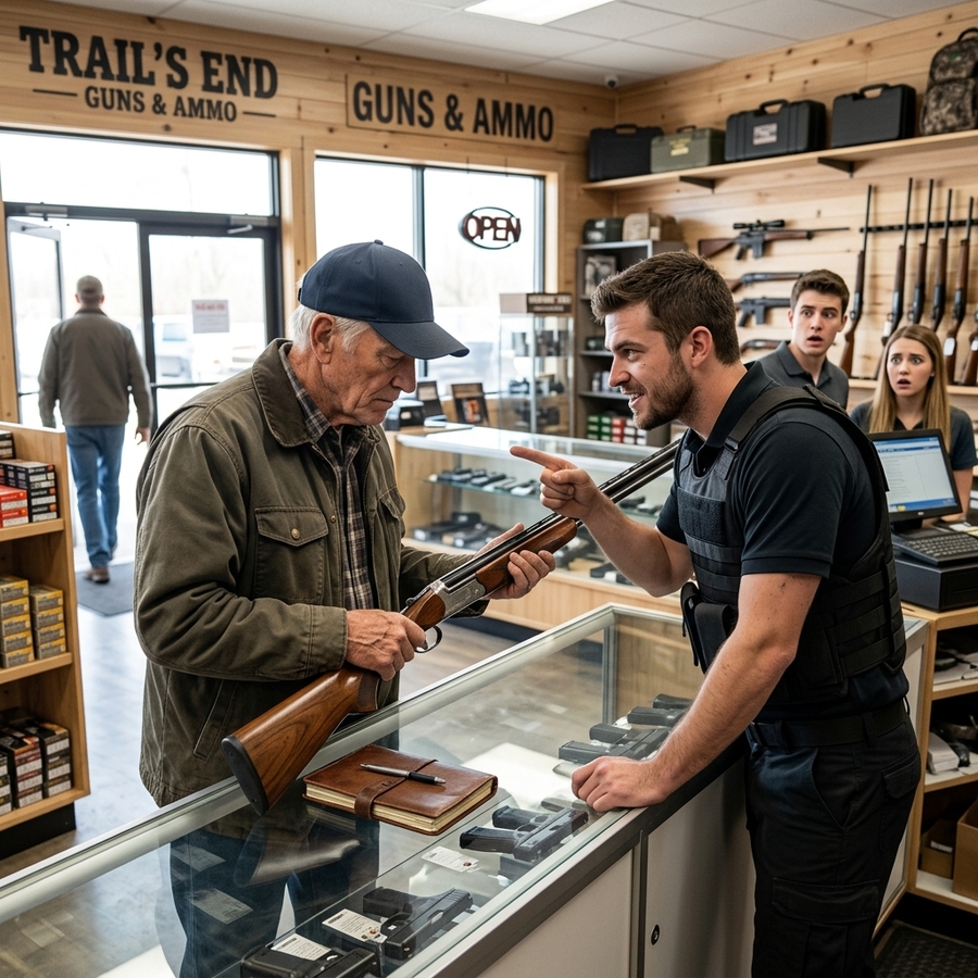 THREE ARROGANT GUN SHOP CLERKS LAUGHED AT MY WRINKLED HANDS AND TOLD ME TO BUY A MEDICAL ALERT BUTTON INSTEAD OF A PISTOL