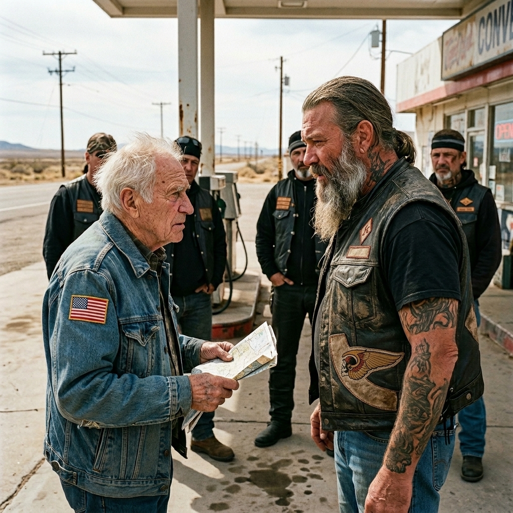 WHOLE STORY:  An 89-year-old veteran with dementia shuffled up to a table of Hells Angels and whispered, “Can you tell me where I am?” — the entire diner froze, and what the leader did next no one expected