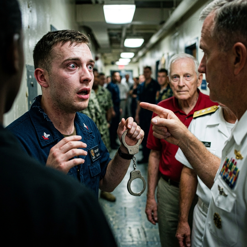 I watched a young security guard handcuff an 81-year-old man for claiming he knew a Vice Admiral, then the Admiral himself walked in and did something that shattered everything I thought I knew about rank and respect.