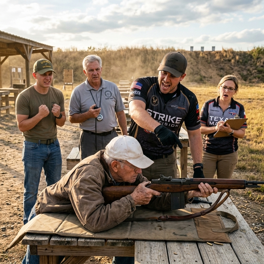 A SPONSORED SHOOTER WITH MATCH GLOVES AND A CUSTOM RIG JUST FINISHED MOCKING AN ELDERLY MAN IN FRONT OF 50 WITNESSES