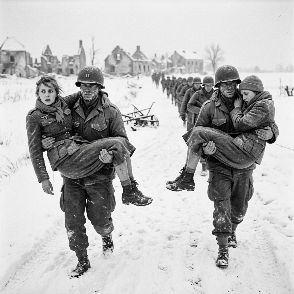 They huddled in a dark cellar, half-frozen and expecting American bullets—and instead, rough hands lifted them onto trembling shoulders into the worst blizzard of the war.