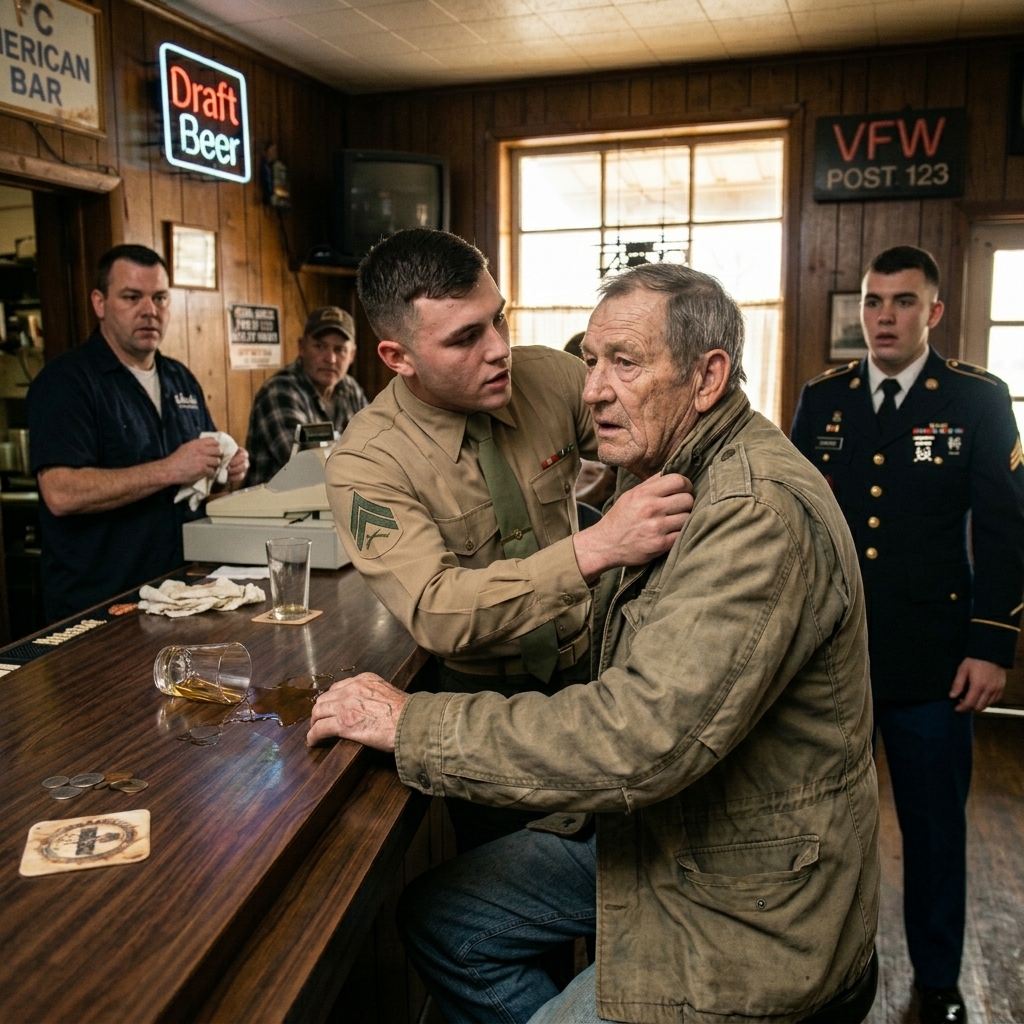 A young Marine mocked my gray hair in a crowded bar, then a three-star general walked in and dropped to one knee.