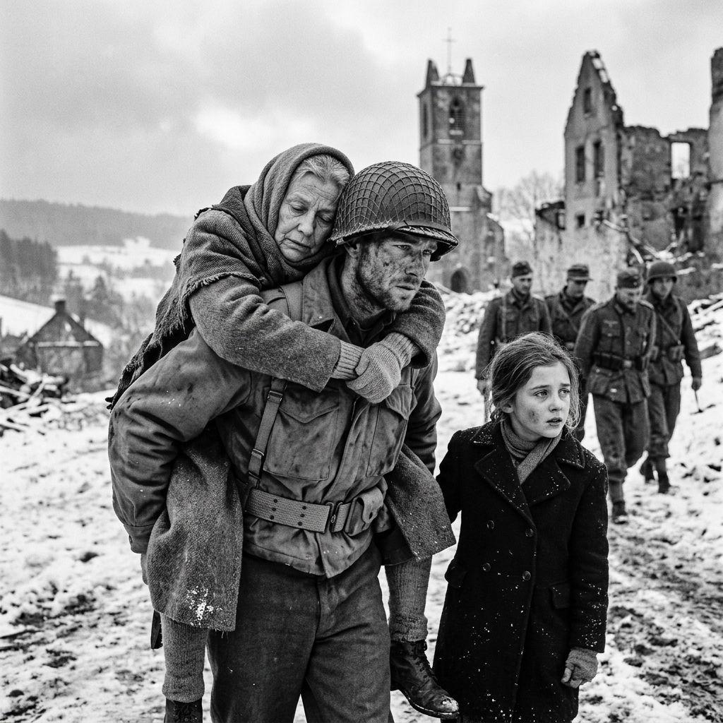 The American soldier knelt in the mud, lifted my starving mother onto his back, and carried her up the hill—while I screamed, “Why are you carrying my mother?”
