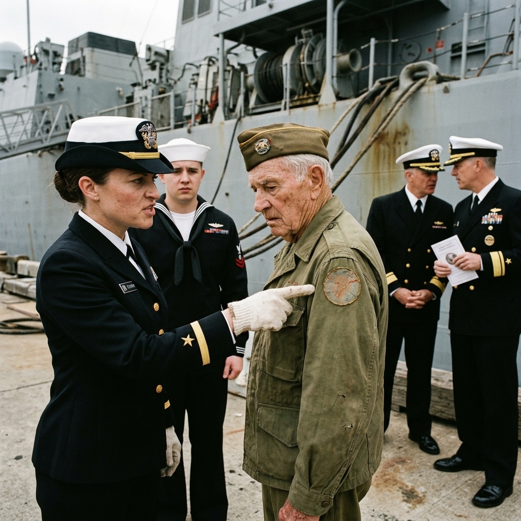WHOLE STORY: I was 89 years old, invited to a warship’s commissioning—and a young officer was about to have me handcuffed like a criminal for wearing a patch she didn’t recognize.