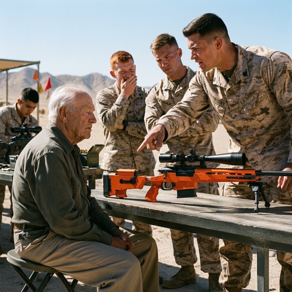WHOLE STORY:  A young Marine called my orange rifle a toy and ordered me off the range. He was reaching for my shoulder when the General arrived and saluted me without a word.