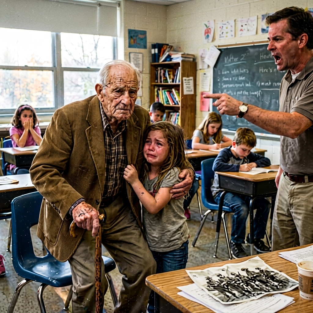 WHOLE STORY: My teacher called my grandfather a LIAR in front of the whole class and told him to wait in the hallway. Then a Marine dad saw the pin on his jacket and sent a text. The truth no one expected was about to walk through that door… what happens next?