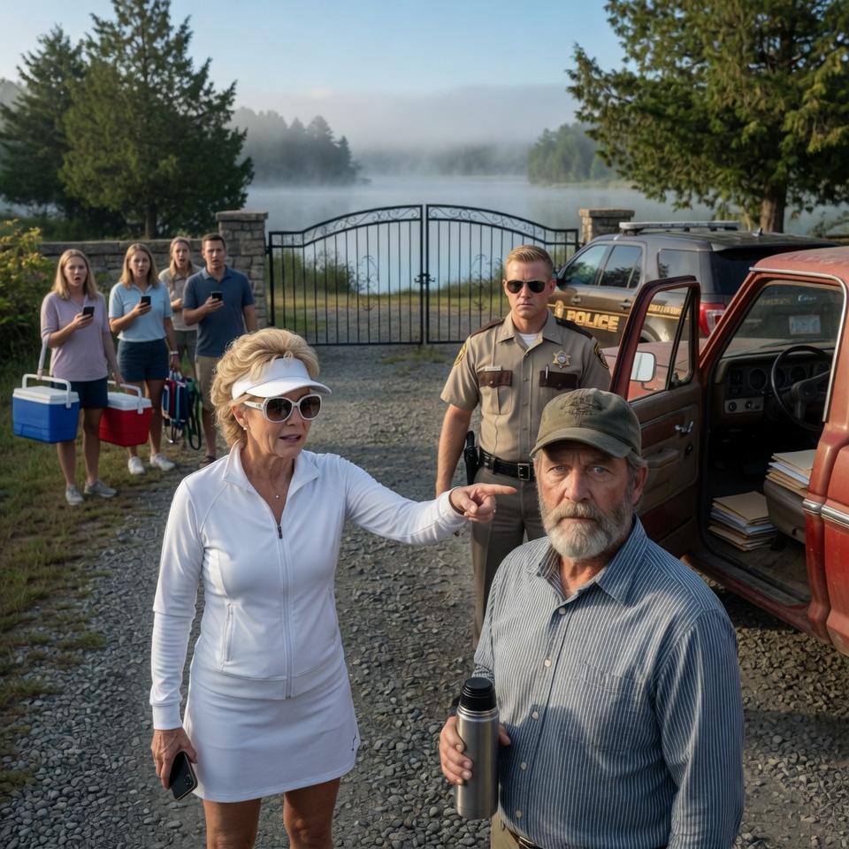My HOA president called 911 and screamed I was blocking emergency lake access while standing on the road my father built in 1982. I opened my truck door and pulled out forty years of maintenance records, then watched her smile vanish when the dispatcher said my name.