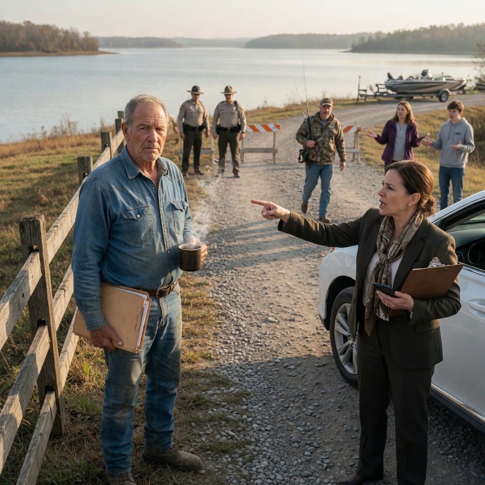 My deed contained the road their $5 million marina depended on for eleven years. I placed a tan folder on the table and the deputy said close the road.