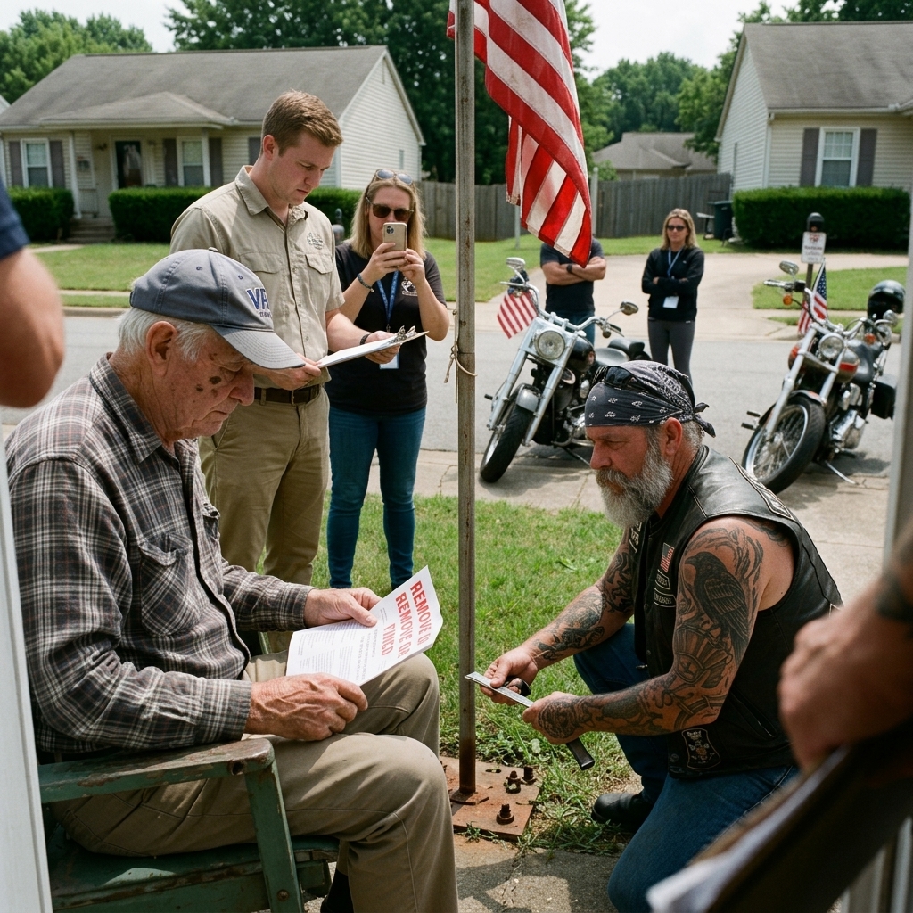 WHOLE STORY: THE HOA ORDERED an 82-year-old veteran to REMOVE his American flag —But the bikers who pulled up had a LEVEL and a law book in their saddlebags.