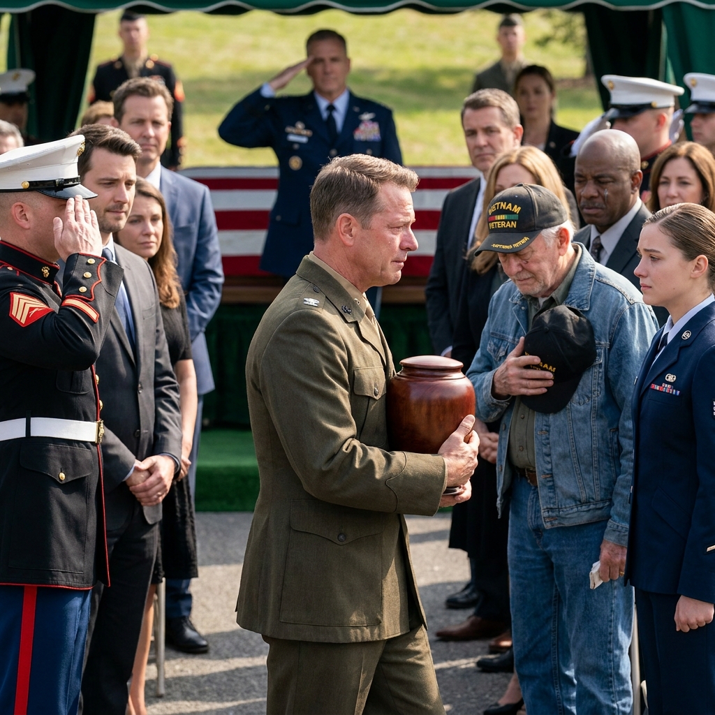 They blocked the old man at a general’s funeral and told him no clearance, no entry. The four-star general stopped the entire ceremony, walked to the gate, and placed a polished wooden box in his hands.