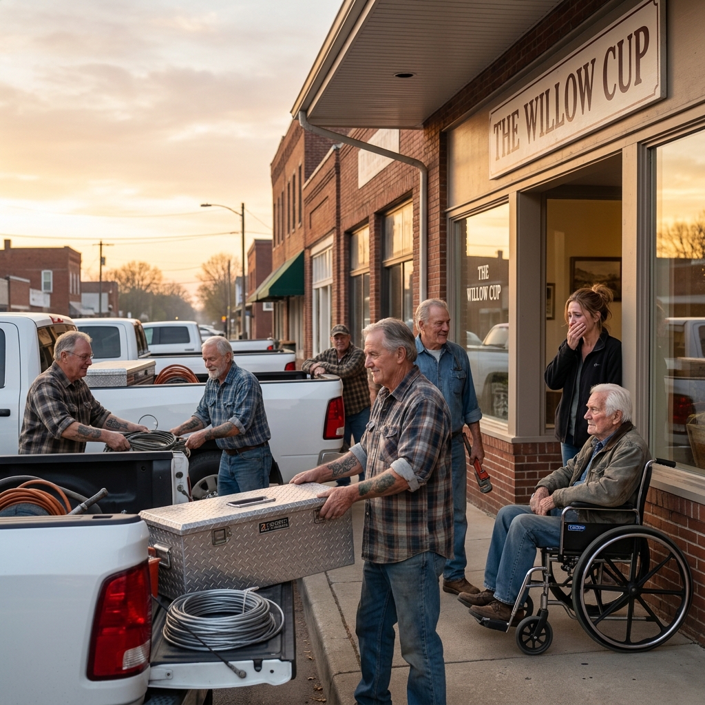 I stopped to help an old man in a broken wheelchair and missed the meeting to save my café. Three weeks later, I opened the door at dawn and found six veterans standing there with toolboxes.