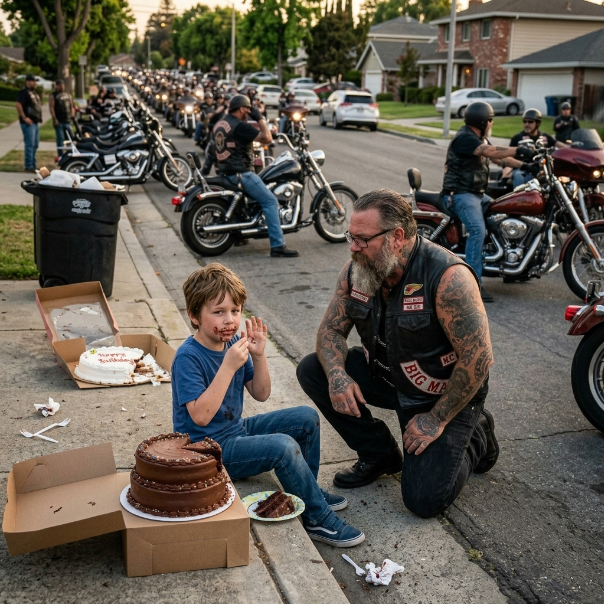 A HEARTLESS stepmother THREW OUT an 8-year-old’s BIRTHDAY CAKE, forcing him to sit on a SCORCHING curb in tears. She THOUGHT she had won, but a MASSIVE motorcycle club arrived, leaving her completely POWERLESS with ZERO RESULTS! WILL YOU STAND WITH THIS LITTLE BOY?!