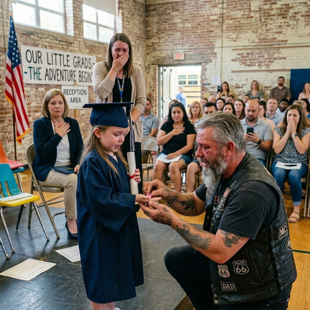 WHOLE STORY: I was three rows back at my niece’s pre-K graduation, half-watching, phone in hand, when a MAN the size of a doorway walked onto that little stage—and the ENTIRE auditorium of two hundred parents went DEAD silent.