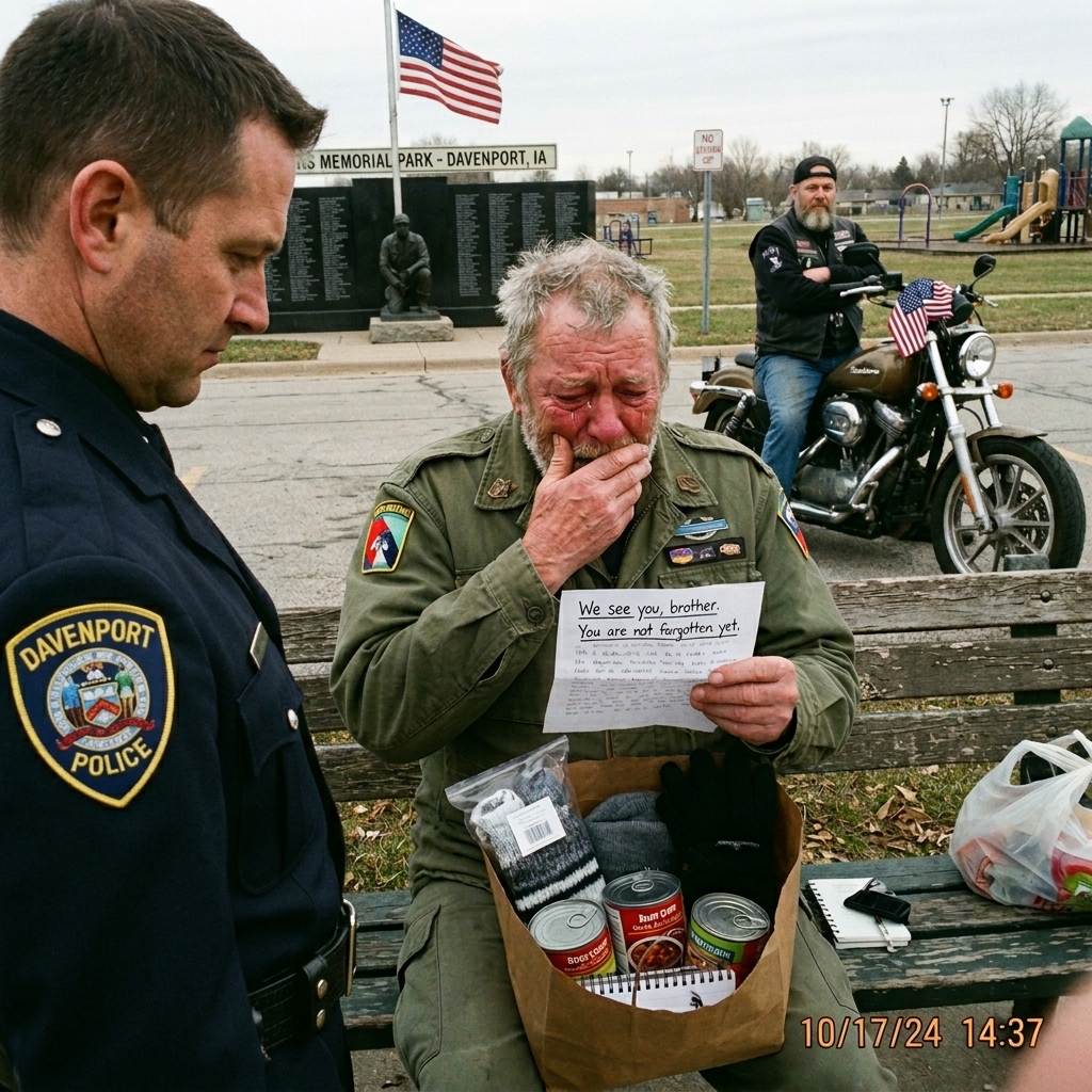 WHOLE STORY: The cops showed up because someone reported a “suspicious” biker. By the time they got there, the homeless man was awake, the bag was open, and he was crying so hard he couldn’t speak. What the police found inside made one officer take off his hat.