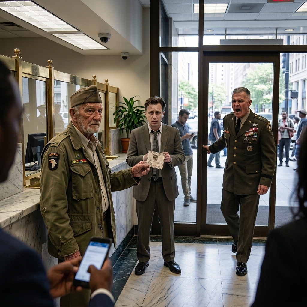 WHOLE STORY: A bank manager CALLED me a fake veteran in front of a full lobby and had security escort me out. I didn’t speak. I just WATCHED the general walk through the door and heard him say, “Close the doors.”