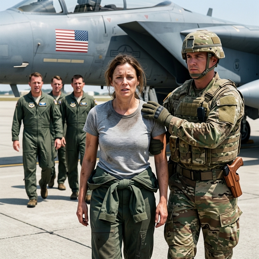 A SECURITY SERGEANT TRIED TO HANDCUFF A BRUISED WOMAN IN A SWEAT-STAINED T-SHIRT ON THE FLIGHT LINE — THEN THE TOWER SPEAKER BOOMED “REMOVE YOUR HANDS FROM THE PILOT” AND THE ENTIRE BASE STOPPED TO WATCH