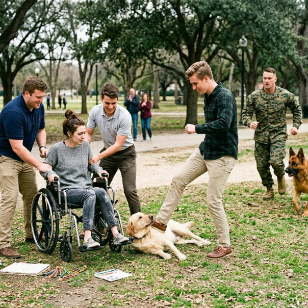 The Texas heat hung low over Zilker Park, thick and unmoving. The kind of heat that made every breath feel heavier than the last.  I sat quietly beneath the filtered shade of an old oak tree. My wheelchair was angled slightly toward the stone fountain I was attempting to paint.  My fingers were steady enough to guide the brush, but my shoulders carried a quiet tension that never truly left me. At twenty-nine, I possessed a delicate, almost fragile appearance.  My slim frame and pale skin were marked by the ghost of a life I used to live. Two years ago, I had been standing, walking, and moving forward without hesitation.  Until one night on a dim roadside, I made the fatal mistake of stopping to help a stranded woman. A speeding truck drifted across the center line, driven by a man staring at a glowing phone instead of the road.  In the violent second that followed, everything below my waist was taken from me forever. Now, I painted because painting was the only place where I still felt whole.  Beside me lay Buddy, a three-year-old Labrador Retriever with a beautiful golden coat. His soft, intelligent brown eyes never strayed far from my face.  He wasn’t trained for combat or strict commands, and he wasn’t built for violence. But he knew me.  He knew when my hands trembled late at night, and he knew when silence became too loud. To anyone else, he was just a dog.  To me, Buddy was the sole reason the world still felt survivable. The moment broke without warning.  It didn’t happen gradually, but violently, as the roar of an engine cut through the park like something horribly out of place. My hand froze mid-stroke before I even turned.  A sleek black convertible rolled to a stop on the grass nearby. It was too loud, too deliberate, and far too confident for a quiet sanctuary like this.  Three young men stepped out, each carrying the same sickening air of entitlement. Logan Pierce led them, tall and lean with carefully styled blonde hair and sharp blue eyes.  Tyler Reed followed close behind, broader and heavier, his thick shoulders marking him as the muscle. Mason Cole lingered slightly to the side, thinner and restless, his eyes flickering with an uncertainty that never turned into resistance.  Their clothes were pristine and expensive. They walked as if they believed the space belonged to them the moment they entered it.  Logan’s gaze locked onto Buddy almost instantly. A malicious smirk formed on his lips.  Tyler bent down, picking up a small twig and tossing it lazily toward my dog.  “Fetch.”  Buddy didn’t move toward the wood. He only rose slowly, stepping forward until his golden body placed itself directly between my wheelchair and the three men.  He formed a quiet, firm barrier. I felt my grip tighten around the wooden handle of my brush.  “Leave.”  My voice was calm, but edged with severe warning. I told them the dog wasn’t for entertainment, and that they needed to walk away right now.  For a brief second, it seemed like nothing would happen. Then Logan stopped, turned, and looked at me properly.  Something inside him shifted from bored amusement to deep, volatile offense.  “What did you say?”  His voice dropped, no longer playful or mocking. I didn’t look away from his icy glare.  “Leave.”  That single word was enough. Logan stepped forward, invading the small, sacred space I controlled.  Without needing to speak, Tyler and Mason moved in perfect sync. Each of them took hold of one side of my wheelchair.  The moment their heavy hands locked onto the wheels, the panic hit me. It was sharp, immediate, and overwhelmingly physical.  I pushed forward instinctively, but the chair didn’t budge.  “Let go of me!”  Buddy reacted instantly. A deep, protective bark tore from his chest as he lunged forward to defend me.  But Logan was faster. His leg swung with a brutal, practiced motion that connected violently with my dog’s ribs.  The sound that followed wasn’t a bark. It was something smaller, strangled, and agonizingly cut short.  My breath vanished completely.  “Stop!”  I screamed, the word ripping out of my throat as I tried to push my wheels again. My arms strained and my muscles burned, but the chair was locked in place by hands that didn’t care.  Buddy stumbled, desperately trying to stand. His legs shook uncontrollably beneath him.  Logan didn’t hesitate. He delivered another savage k*ck, harder this time, sending Buddy collapsing onto the grass.  Everything inside me fractured in that moment. It wasn’t just fear, but the crushing realization that I could do absolutely nothing to save him.  Logan reached forward, grabbing a heavy fistful of my hair. He yanked my head back roughly, forcing me to stare directly into his cold eyes.  His breath was close and his voice was dark.  “Be quiet.”  And then the sl*p came. It was sharp and echoing, snapping my head to the side as heat exploded across my cheek.  My vision blurred instantly, and my ears rang loudly. Through it all, I could still hear Buddy trying to breathe.  “You’re going to sit there,” Logan sneered, forcing my chin up. “And you’re going to watch.”  Buddy pushed himself up once more, trembling, loyal even now. The next k*ck drove him back down into the dirt, harder than before.  I didn’t scream this time. The sound that came out of me wasn’t language at all.  It was a raw, broken sob pulled from a place that didn’t know how to process what it was seeing. I couldn’t reach him.  And that was what completely broke me.  Two hundred yards away, on the outer running path, a man slowed to a complete stop.  Daniel Hayes was thirty-eight years old, a Staff Sergeant in the United States Marine Corps. He was tall, broad-shouldered, and built with dense, functional strength.  His dark shirt was soaked with sweat, clinging to a frame shaped by years of strict discipline. A faint scar above his right eyebrow spoke of violent things he didn’t explain.  Beside him stood Rex, a six-year-old German Shepherd K9. The animal was powerful and alert, his black and tan coat rigid with tension.  The first thing they heard was my dog crying out in pain. The second was my scream.  That was all they needed.  Daniel didn’t speak a word. His body shifted forward as his cold, gray-blue eyes locked onto the source of the chaos.  Rex moved with him without a single command. In one fluid motion, Daniel turned fully toward the park, cutting aggressively across the open grass.  Every step he took was direct, controlled, and astonishingly fast. The distance between him and Logan’s crew began to close rapidly.  For the first time since the nightmare started, someone was coming. Someone who would not look away.  Daniel Hayes closed the distance with explosive efficiency. From his angle, the scene sharpened instantly in his tactical mind.  One woman restrained in a wheelchair. Two men holding her in place.  One man actively a*saulting an injured dog on the ground.  Something inside Daniel shifted into a familiar, icy state. Not anger or panic, but cold, precise focus.  He had spent years in the Marines learning how to read violence before it fully formed. What he saw now wasn’t a misunderstanding; it was pure intent.  Rex was low and aligned with Daniel’s trajectory. The K9 waited for the exact signal that would determine whether he became a weapon or a shield.  Tyler was the first to notice something was horribly wrong. His cruel laughter cut short as a shadow moved too fast across his peripheral vision.  By the time Tyler turned fully, Daniel was already there. There was no warning, and no shouted command.  Daniel’s arm slipped around Tyler’s neck from behind, locking in tight. The choke was applied with surgical precision, cutting off airflow and blood flow simultaneously.  Tyler’s hands shot up instinctively, clawing uselessly at the thick forearm. He thrashed for less than three seconds before his eyes rolled back.  Daniel released him at the exact moment consciousness faded. Tyler collapsed onto the grass without a sound, completely dead weight.  Mason reacted next, but driven by pure panic. He turned halfway toward Daniel, raising his hands clumsily.  Daniel stepped forward, closing the gap in a single, devastating stride. He drove a brutal palm strike straight into Mason’s solar plexus.  The impact was sharp and contained. It forced all the air out of Mason’s lungs in a violent instant.  Mason doubled over, his mouth open in a silent scream. Daniel guided him down to his knees with controlled pressure, completely removing him from the fight.  That left Logan.  For the first time since stepping out of his luxury car, Logan Pierce looked terrified. The arrogance that defined him cracked under a force he couldn’t comprehend.  He had expected helpless resistance. He hadn’t expected a ghost who moved without emotion, hesitation, or noise.  Logan’s eyes flicked wildly between his two unconscious friends on the ground. Then he looked at the man standing between him and my wheelchair.  Daniel didn’t rush him. He simply took one slow step forward.  His breathing was steady, and his terrifying gaze was locked on Logan’s face. That single step was more than enough.  Logan took a step back, then another. His artificial confidence drained quietly onto the grass.  “We were just joking,” Logan muttered, his voice shaking and weak.  Daniel didn’t raise his voice. He didn’t need to.  “You’re done.”  The tone was flat, controlled, and left absolutely no space for argument. Logan swallowed hard, his eyes darting toward Tyler’s unmoving body.  He turned and practically sprinted toward the convertible. He yanked the driver’s side door open with trembling hands.  Mason stumbled blindly after him, violently hauling Tyler’s limp body into the backseat. The engine roared back to life, desperate and loud.  Within seconds, the black car peeled away from the curb. The tires screeched against the asphalt as they disappeared down the road.  The park fell silent again.  Behind Daniel, my entire body was shaking in small, uncontrollable tremors. Adrenaline drained out of my system, leaving my breath uneven and my eyes unfocused.  The red, hand-shaped mark on my cheek had already begun to deepen. I didn’t care about my face.  My attention was locked entirely on Buddy. He was trying to drag his body toward me.  That pathetic movement broke Daniel’s tactical stillness. He turned immediately, dropping into a low crouch beside my dog.  His posture shifted completely, the rigid tension leaving his shoulders. His hands hovered over Buddy before making slow, deliberate contact.  “Easy,” Daniel said quietly. His voice was grounded, meant to steady rather than command.  Buddy flinched slightly at first, his breathing dangerously shallow. But when Daniel’s firm, gentle hand settled against his injured side, the resistance melted.  Daniel’s fingers moved with practiced precision along the rib cage. He was feeling for instability and internal damage.  “You’re a tough one,” he murmured under his breath.  He reached behind his back, pulling a compact medical pouch from his waistband. He unzipped it with one hand and retrieved a thick compression wrap.  I watched him through my tears, my mind desperately trying to catch up.  “Is he… Is he going to be okay?” I asked, my voice barely a whisper.  Daniel focused on stabilizing Buddy’s torso. He wrapped the bandage firmly to limit movement without restricting the dog’s breathing.  “He’s hurt,” Daniel said directly. “Ribs most likely. But he’s breathing.”  He secured the wrap and finally lifted his gaze to meet mine. There was no pity in his gray-blue eyes, only calm assessment.  “We need to get him to a vet, now.”  I nodded quickly, wiping my face with trembling fingers.  “My van. It’s over there,” I said, pointing weakly toward the street.  Daniel rose smoothly. He slid his strong arms carefully beneath Buddy’s heavy body.  He lifted my dog with incredible, controlled strength. Rex stayed close, guarding us without needing to be told.  “Lead me,” Daniel commanded softly.  I pushed my wheels forward, guiding them toward the modified van. When we reached it, I activated the ramp.  Daniel stepped up and gently placed Buddy inside on a folded blanket. He adjusted the dog until he was as stable as possible.  I turned my chair slightly, looking up at the stranger who had just saved us.  “I… I don’t even know how to thank you,” I said.  Daniel shook his head once.  “Don’t.”  He pulled a worn notebook from his pocket, scribbled something down, and handed me the torn page.  “That’s my number,” he said steadily. “If they come back, or if anything feels off, you call me.”  I gripped the paper tightly. He stepped back, giving me the space I needed.  I drove away, watching him in the rearview mirror until he disappeared.  The night settled over Austin with a heavy stillness. Inside my studio apartment, every small sound felt terrifyingly amplified.  I sat in my wheelchair by the low window table. My hands rested in my lap, twitching as if my body hadn’t accepted that the danger was over.  Behind me, Buddy lay heavily on his folded blanket. The vet had confirmed three fractured ribs and severe bruising.  My dog’s eyes followed me whenever I shifted, checking to make sure I was still there.  I had gone to the police station earlier. I filed a report because that was what society told you to do.  But the moment I mentioned Logan Pierce’s name, the air in the interrogation room had shifted. Officer Benson’s posture changed, and his tone grew carefully distant.  He filed the report, but with absolutely no urgency. I realized then that truth didn’t matter when wealthy families were involved.  The phone call came less than an hour later. It didn’t surprise me.  An unknown number glowed on my screen. I answered it with a heavy heart.  “Ms. Carter? I am Arthur Langford, legal counsel for the Pierce family.”  His voice was meticulously calm, carrying the weight of a man who decided outcomes in expensive boardrooms. He called the violent a*sault a simple “misunderstanding.”  He offered to cover Buddy’s medical expenses in full, framing it as a generous resolution. All I had to do was sign a standard non-disclosure agreement.  When I flatly refused, Langford’s tone turned frigid.  He smoothly outlined the consequences. Defamation suits. Witness statements painting Buddy as an aggressive, dangerous animal.  Then, he casually mentioned my landlord, Harold Benson. Langford implied that pressure would be applied to evict me from my safe haven.  When the call ended, my chest tightened until I couldn’t breathe. This wasn’t physical pain; this was complete psychological warfare.  I looked at the small piece of paper on my table. I dialed Daniel’s number before doubt could stop me.  He answered instantly. His low, steady voice anchored me.  I spilled everything, the panic bleeding into my words as I described Langford’s terrifying threats.  Daniel didn’t interrupt. When I finally finished, he asked one simple question.  “Are you alone?”  “Yes,” I whispered.  “Lock the door. Don’t open it for anyone but me. I’m coming.”  Exactly ten minutes later, three controlled taps sounded at my door. I wheeled over, checking the peephole with shaking hands.  Daniel stood outside. He was dressed in dark jeans and a fitted shirt, his eyes already scanning the hallway.  Rex stood beside him, completely silent and alert. I unlocked the door, and Daniel stepped inside, his presence filling the room.  “Anyone else been here?” he asked, examining my window locks.  “No.”  Daniel pulled a compact bag from his shoulder. He produced thin wire and reinforced tape.  Within minutes, he had rigged nearly invisible trip alarms along my main door and windows.  “It’s not permanent,” he said, testing the wire tension. “But if someone tries to get in, you’ll know before they reach you.”  I watched him, my breathing finally evening out. He wasn’t offering empty promises; he was providing absolute structure.  “They’re pushing,” Daniel said softly, glancing at Buddy. “That means they think you’ll fold.”  I swallowed the lump in my throat. My grip tightened on my wheels.  “I won’t,” I said fiercely.  Daniel held my gaze. He gave a small, respectful nod.  “Good.”  Across the city, the situation had shifted from humiliation to cold calculation.  Inside a private office high above the river, Logan stood tense beside a glass desk. The bruised arrogance on his face had mutated into something desperate and volatile.  Arthur Langford stood across from him, perfectly composed.  “You made it public,” Langford said evenly. “That was your mistake.”  Logan’s jaw clenched. “He put his hands on me.”  “And now you’re reacting emotionally again,” Langford replied coldly. “Which is how you lose.”  Logan didn’t care about losing legally. He cared about revenge.  Less than an hour later, Logan stood in the dark alley behind my art studio. Tyler and Mason stood nervously behind him.  Mason slid a thin card into the side service door’s lock. The unreinforced latch gave way with a soft click.  They stepped inside my sanctuary. My unfinished canvases leaned against the walls, brushes laid out with care.  Logan didn’t hesitate. He walked straight to my largest, most beautiful painting and drove his fist through it.  The fabric tore with a sickening rip.  Tyler grabbed my heavy wooden easel, slamming it against the ground until it splintered. Mason began knocking over jars of expensive paint, the colors bleeding violently across the floor.  It wasn’t random. It was a methodical erasure of my identity.  Finished pieces were slashed. Frames were violently snapped.  Logan stepped back, his chest heaving with deep satisfaction. He pulled a spray paint can from his bag and walked to the only untouched wall.  He wrote the letters slowly and clearly.  “NEXT TIME IT’S THE DOG.”  When I returned to the studio twenty minutes later, the chemical smell hit me first.  My wheels slowed as I took in the absolute devastation. My colors were smeared across the floor like blood.  Then, my eyes locked onto the massive black letters sprayed across the wall. Everything inside me collapsed.  They hadn’t just destroyed my art. They had promised to k*ll the only family I had left.  I sat there, utterly hollow, until Daniel arrived.  He didn’t ask what happened. His cold eyes scanned the broken room, reading the destruction like a tactical map.  He moved to the side entrance, examining the compromised lock.  “They didn’t come through the front,” he said quietly.  He turned back, reading the threat on the wall. His posture tightened, the energy in the room dropping to sub-zero.  “They’re not done,” Daniel said, his voice stripped of all mercy. “They’re coming for the dog.”  I blinked slowly, the shock wearing off just enough to let his words sink in.  “We’re not staying here,” Daniel commanded. “Pack what you need. Nothing else.”  This was no longer about saving what was destroyed. It was about protecting what I could still lose.  Daniel relocated Buddy and me to a small, rundown roadside motel on the outskirts of Austin.  The owner, a tough older woman named Rosa, took Daniel’s cash without asking a single question.  I sat on the edge of the cheap mattress, my hand resting gently on Buddy’s bandaged ribs. Daniel gave me strict instructions not to open the door, and then he left.  He was going back to the ruined studio.  Daniel worked in complete silence in the dark apartment. He shut down the main power line, plunging the space into blackness.  He repositioned the broken furniture, transforming my wrecked art supplies into tactical cover. He replaced the tripwires with silent, refined triggers.  Rex moved with him like a shadow, waiting for direction. When the trap was set, Daniel backed into the darkest corner of the room and waited.  Just after midnight, the black SUV pulled into the alley.  Logan stepped out, his movements arrogant but cautious. Tyler and Mason followed, their unease obvious.  Mason picked the side door lock again, and they stepped into the suffocating pitch-black studio.  “Find it,” Logan whispered, clicking on his phone’s flashlight.  The narrow beam cut blindly through the dark. Tyler did the same, his hands shaking slightly.  That was their fatal mistake. Light and noise.  Daniel moved like a ghost. He stepped perfectly into Mason’s blind spot and delivered a crushing strike to the side of the boy’s neck.  Mason dropped like a stone, his flashlight rolling away. Daniel dragged him into the shadows and zip-tied his wrists before Tyler even realized he was gone.  “Where’d he go?” Tyler panicked, swinging his light wildly.  Daniel used the broken easel as cover, closing the distance instantly. He grabbed Tyler’s arm, twisting sharply and using leverage to slam the heavier man onto the hard floor.  The fight was over in two seconds. Tyler was bound and gagged in the dark.  Logan stood completely alone.  The realization hit him like a physical blow. His flashlight shook violently in his hands.  “Show yourself!” Logan barked, but his voice cracked with raw terror.  The overhead lights suddenly flared to life, blindingly bright.  Logan squinted, his breath catching in his throat. Tyler and Mason were restrained on the floor, their eyes wide with fear.  Daniel stood a few feet away, his expression carved from stone.  Logan panicked. He grabbed a jagged piece of splintered wood and lunged wildly at the Marine.  Daniel didn’t even step back. He deflected the desperate swing effortlessly, locked his iron grip onto Logan’s wrist, and twisted.  Logan screamed as he hit the floor, all resistance instantly shattered.  Daniel pulled out his phone and dialed 911. He reported a violent break-in and attempted a*sault.  When the police arrived, there was no room for Arthur Langford’s expensive lies. The forced entry, the bound suspects, and the overwhelming evidence were absolute.  Logan Pierce was finally facing consequences he couldn’t buy his way out of.  By the next morning, the local news was running the story.  Back at the motel, I sat beside Buddy. My dog was sleeping peacefully, his breathing deep and unlabored.  When Daniel walked through the door, his dark shirt was wrinkled, but his stoic posture was entirely unchanged.  I looked at him, and for the first time since my legs were crushed, the heavy darkness in my chest was gone.  I had lost my art, but sitting there with Buddy alive, and Daniel standing watch, I realized the truth.  I hadn’t lost myself. And I definitely wasn’t alone anymore.