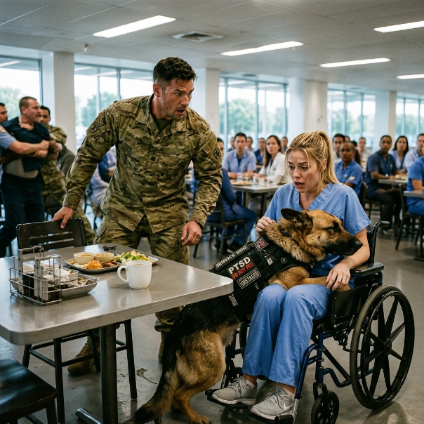 When a massive, scarred stranger and his tactical K9 barged into the hospital cafeteria and claimed the table right in front of my wheelchair, my bl*od ran cold, leaving me completely paralyzed with fear as his dog did the unthinkable.