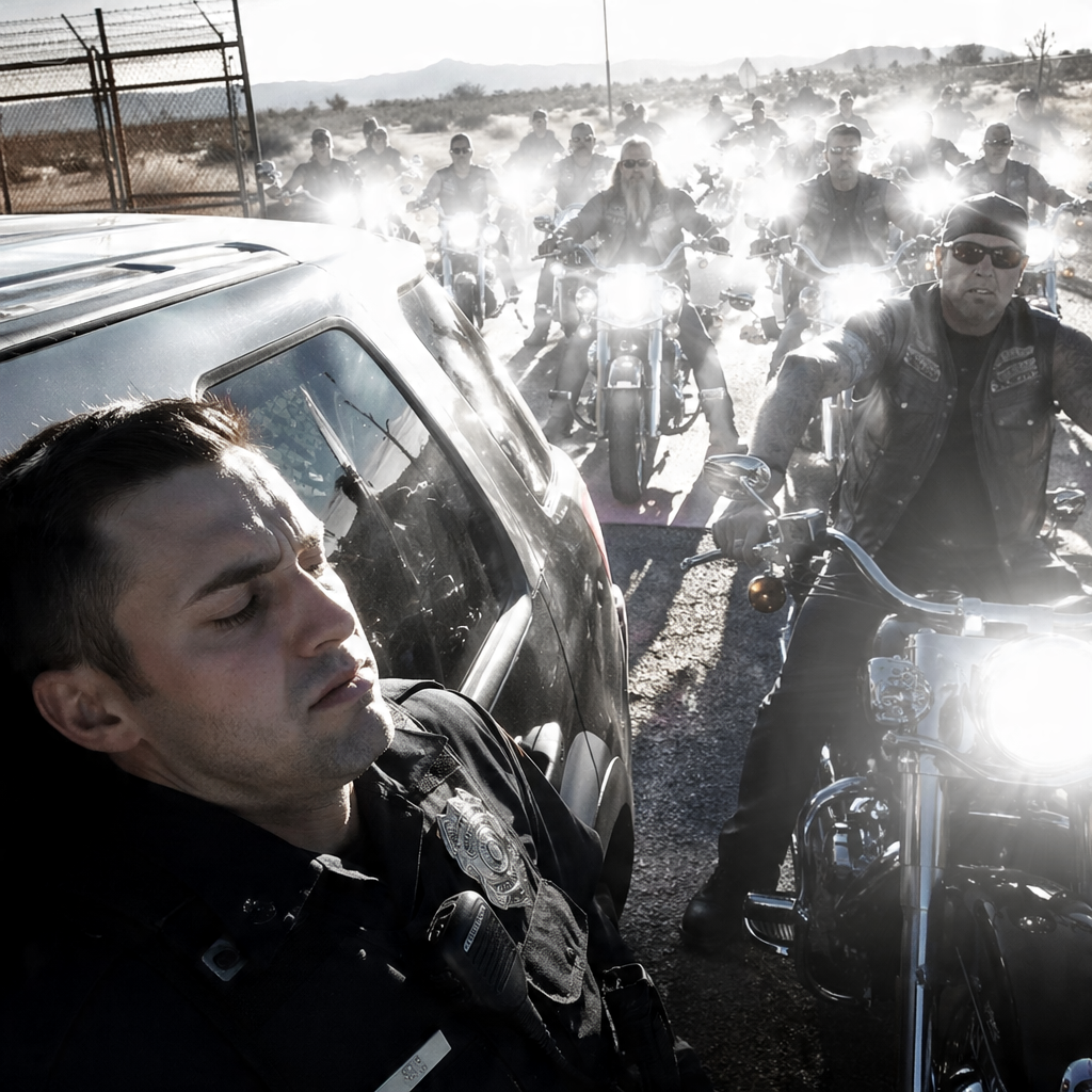 I CHASED A RECKLESS SPEEDER EXPECTING AN EASY TICKET, BUT INSTEAD, THIRTY OUTLAWS SURROUNDED MY DEAD, SILENT CRUISER.