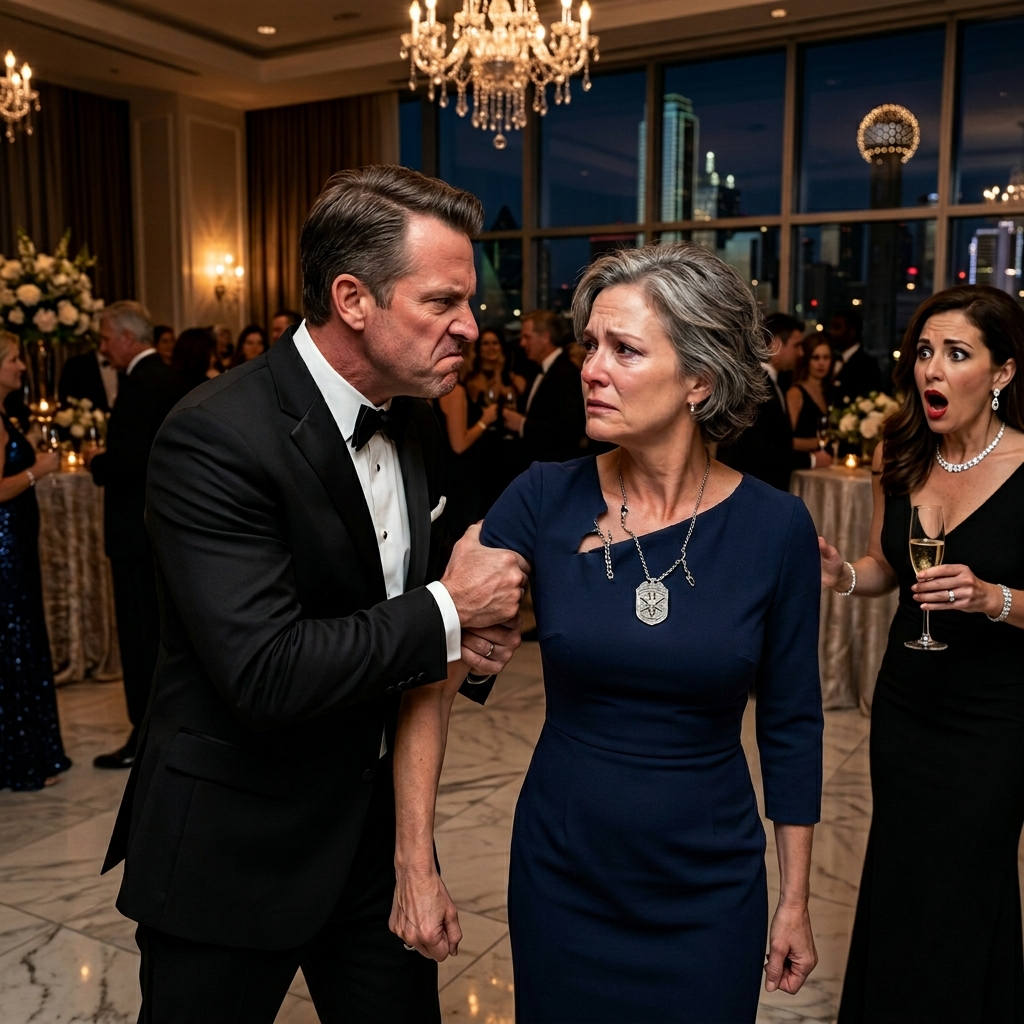 MY HUSBAND HID ME AT HIS DALLAS CORPORATE GALA BECAUSE HE WAS ASHAMED OF MY WAITRESS JOB, BUT WHEN HIS PUBLIC CRUELTY EXPOSED THE ARMY COMBAT MEDIC BADGE HIDDEN AROUND MY NECK, THE BILLIONAIRE CEO STOPPED DEAD — WHAT HAPPENED NEXT?