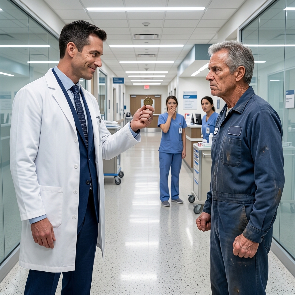 A WEALTHY HOSPITAL EXECUTIVE FORCES A QUIET NIGHT JANITOR TO PICK UP HIS SPILLED COFFEE AND MOCKS HIS TARNISHED BRASS COIN IN FRONT OF THE STAFF — UNTIL A VISITING SURGEON RECOGNIZES THE ELITE COMBAT MEDIC INSIGNIA — WHAT HAPPENS NEXT?