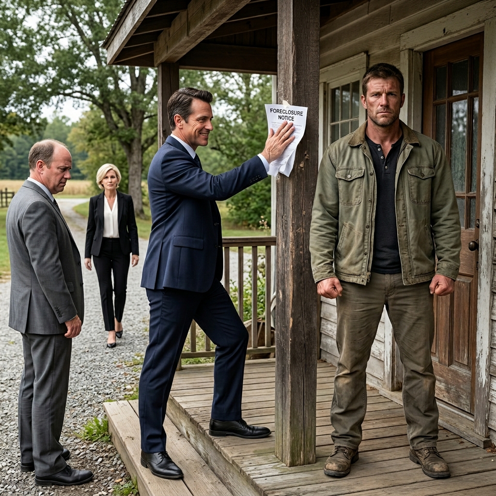 THE ARROGANT BANK MANAGER LAUGHED AS HE HANDED ME A FORECLOSURE NOTICE THE DAY AFTER MY DAD’S FUNERAL, MOCKING MY FADED ARMY JACKET IN FRONT OF MY DAUGHTER. BUT THEN A BLACK MAYBACH PULLED INTO MY DIRT DRIVEWAY. WHO WAS INSIDE?