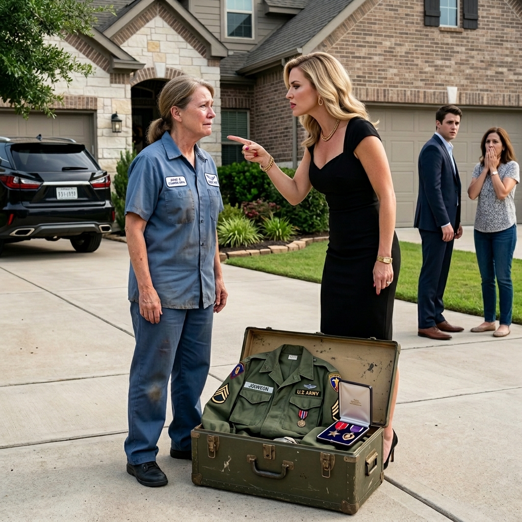 MY DAUGHTER-IN-LAW DUMPED MY TRASH BAGS ON THE DRIVEWAY AND LAUGHED AT MY HOSPITAL JANITOR UNIFORM. SHE THOUGHT SHE WAS EVICTING A HELPLESS WIDOW, BUT WHEN MY OLD ARMY FOOTLOCKER BURST OPEN ON THE CONCRETE, WHO WAS REALLY LEFT HOMELESS?