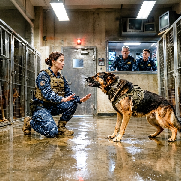When my own commanding officer, Master Chief Hayes, locked the heavy steel door behind me, trapping me inside a dark bunker with a traumatized, 90-pound military K9, my bld ran cold—because I instantly realized I wasn’t supposed to walk out alive.
