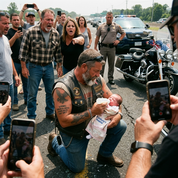 The traffic on the highway was ALREADY backed up when a BIKER suddenly pulled over, causing total CONFUSION among the drivers who watched in SHOCK. He knelt on the scorching pavement to hold a tiny, fragile bundle. WILL HE EVER FIND ANSWERS?