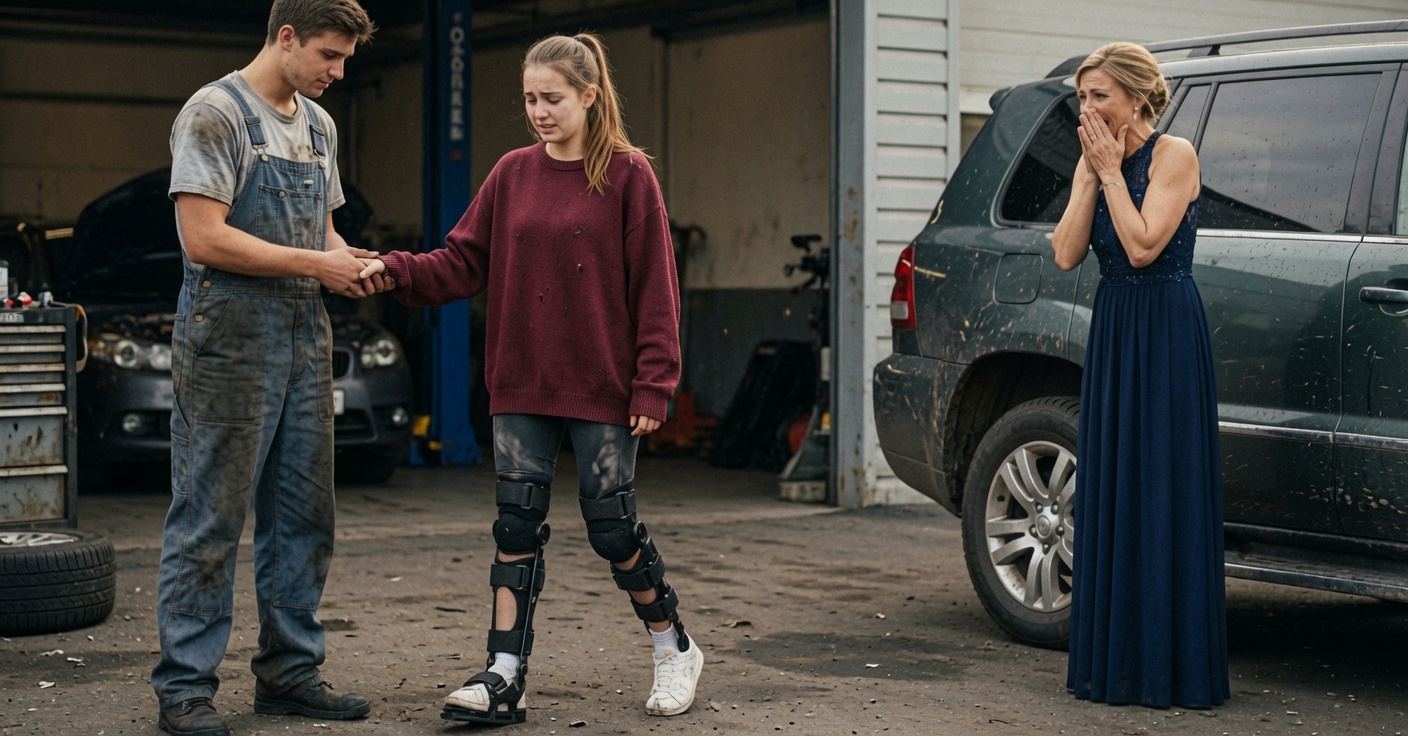 I am just a SIMPLE mechanic in a dusty garage, but the SUV outside changed EVERYTHING.  A billionaire mother and her daughter, who is bound by heavy leg braces, arrived with a broken engine. I was just supposed to fix the car, but when I watched the young girl struggle to stand, I knew the real issue wasn’t the vehicle.