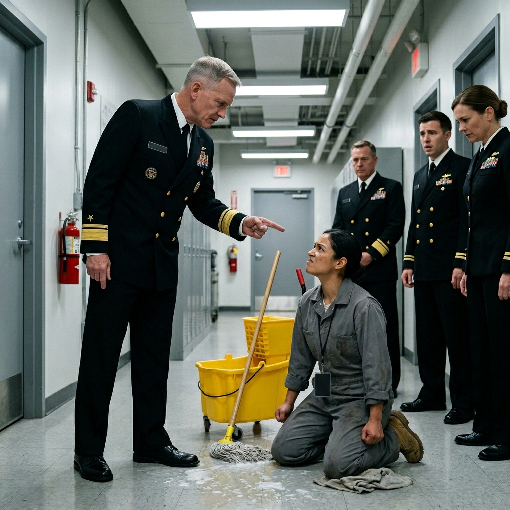 THE BASE ADMIRAL KICKED OVER MY MOP BUCKET IN FRONT OF FORTY SEAL INSTRUCTORS TO HUMILIATE THE ‘LITTLE JANITOR’ — BUT WHEN MY SOLID BLACK LEVEL FIVE CLEARANCE BADGE FELL OUT OF MY POCKET, WHY DID THE ENTIRE ROOM FREEZE IN ABSOLUTE TERROR?