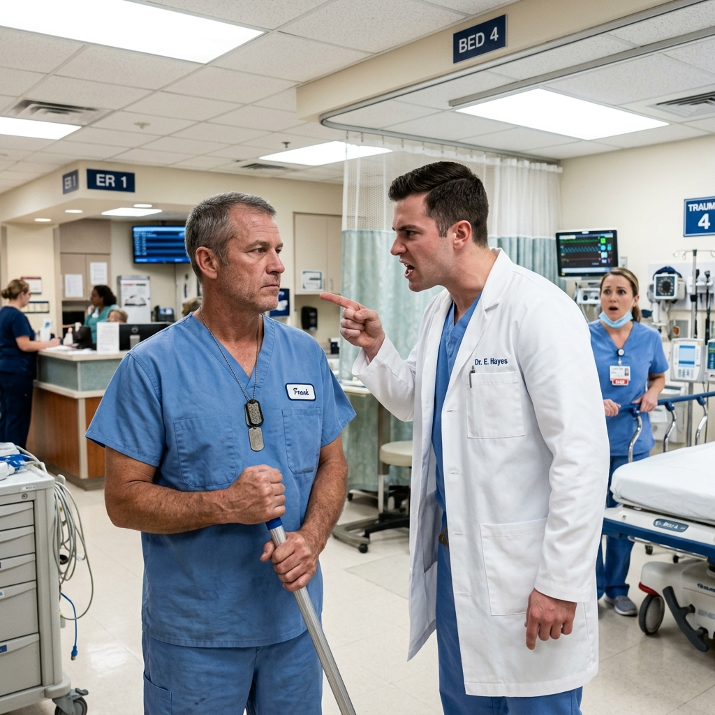 AN ARROGANT TRAUMA DOCTOR HUMILIATED OUR HOSPITAL JANITOR FOR MOPPING TOO SLOWLY DURING A CHAOTIC SHIFT. HE NEVER EXPECTED THE QUIET CUSTODIAN TO STEP IN AND SAVE A BLEEDING PATIENT WHEN THE ENTIRE ER FROZE. WHO WAS PUSHING THAT MOP?