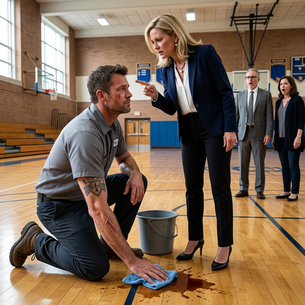 THE ENTITLED PTA PRESIDENT FORCED THE QUIET JANITOR TO SCRUB THE GYM FLOOR ON HIS HANDS AND KNEES IN FRONT OF THE ENTIRE SCHOOL, NEVER REALIZING WHO SHE WAS HUMILIATING UNTIL HIS SLEEVE ROLLED UP. WILL SHE SURVIVE THE BACKLASH?