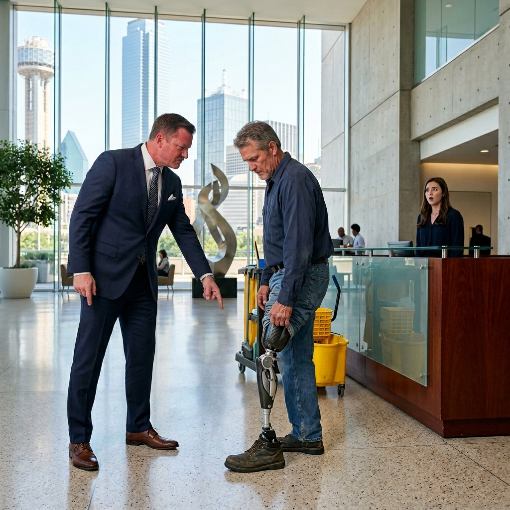 THIS ARROGANT TEXAS CORPORATE VP PUBLICLY HUMILIATED THE STOIC JANITOR FOR “LIMPING ON THE JOB,” FORCING HIM TO ROLL UP HIS PANT LEG IN FRONT OF FIFTY WEALTHY EMPLOYEES—BUT WHAT THE TITANIUM METAL REVEALED SILENCED THE ENTIRE LOBBY. WILL HE SURVIVE THIS REVERSAL?